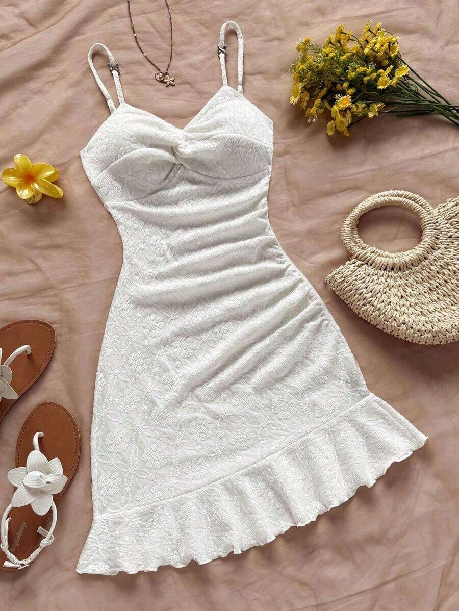 Vestido mini ajustado con cintura ceñida, bajo con volantes y giro asimétrico en el pecho, tejido en rojo, adecuado para vacaciones, citas, té de la tarde, vacaciones, festivales de música, estilo bohemio - Blanco 2 - Ver 1