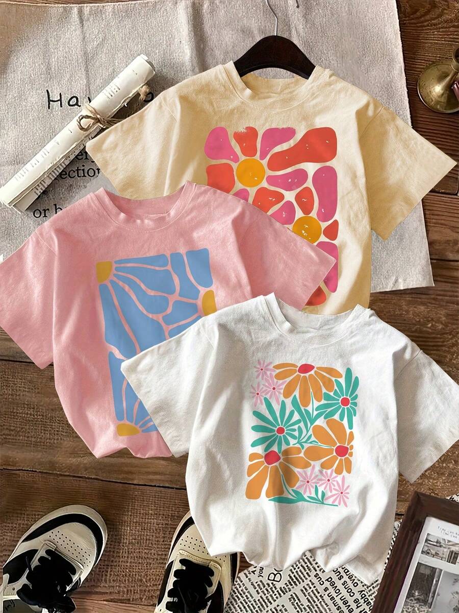 Women's Casual Printed T-Shirt - Bright And Colorful Floral Design, Round Neck, Machine Washable, Comfortable For All Seasons, Versatile And Stylish, Soft Fabric, Durable T-Shirt For Everyday Wear. - 杏色 - 查看 1