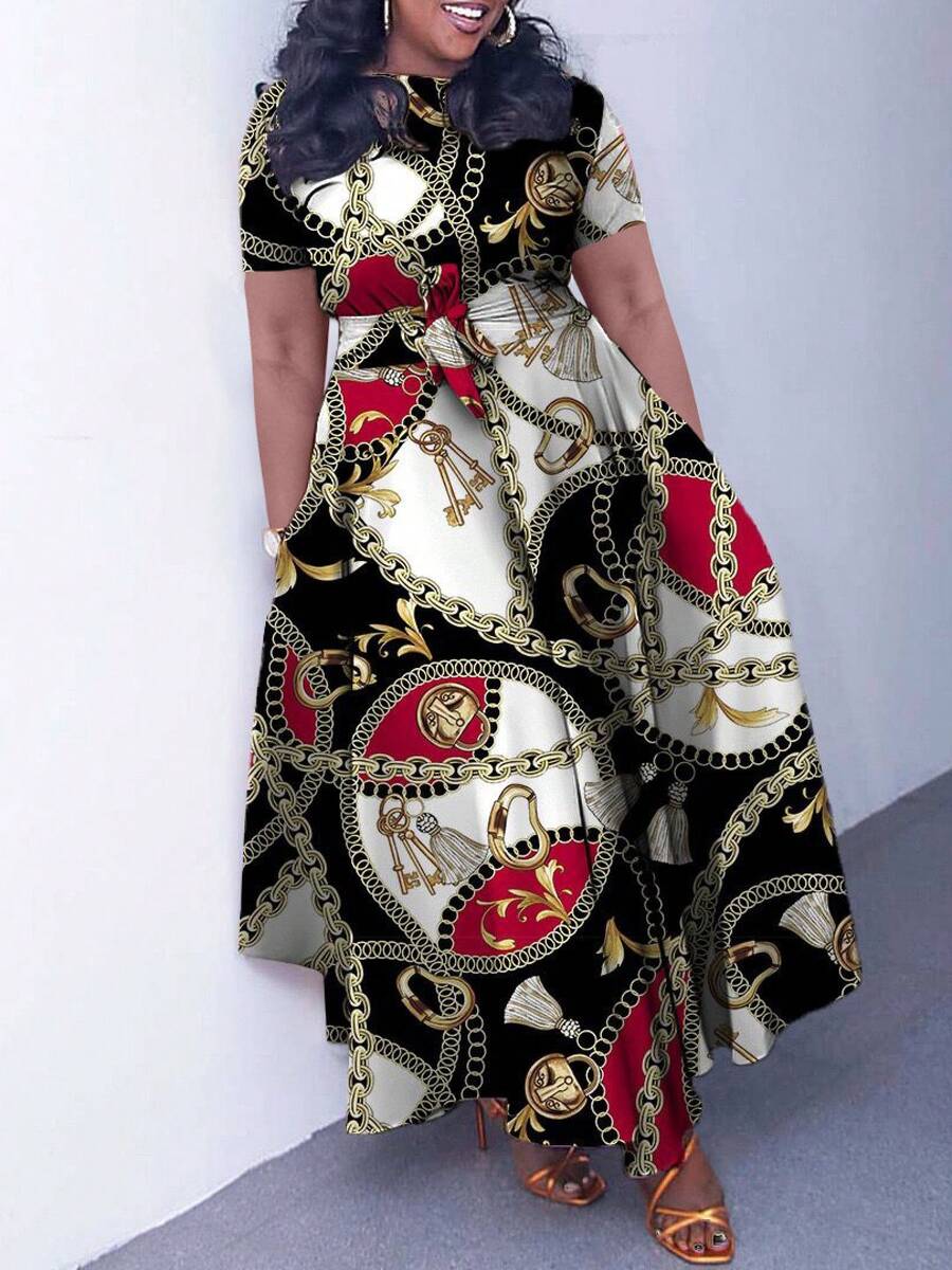 Plus Size Elegant Lace-Up Short Sleeve Flared Dress, New Style 2026 For Women - Chain - View 1