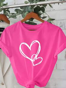 Plus Size - Plus Size - White Day, Exquisite Heart Design, Elegant Short Sleeve T-Shirt With Round Neck Print, Plus Size Women's Clothing, Women's Apparel - 玫紅色 - 查看 1
