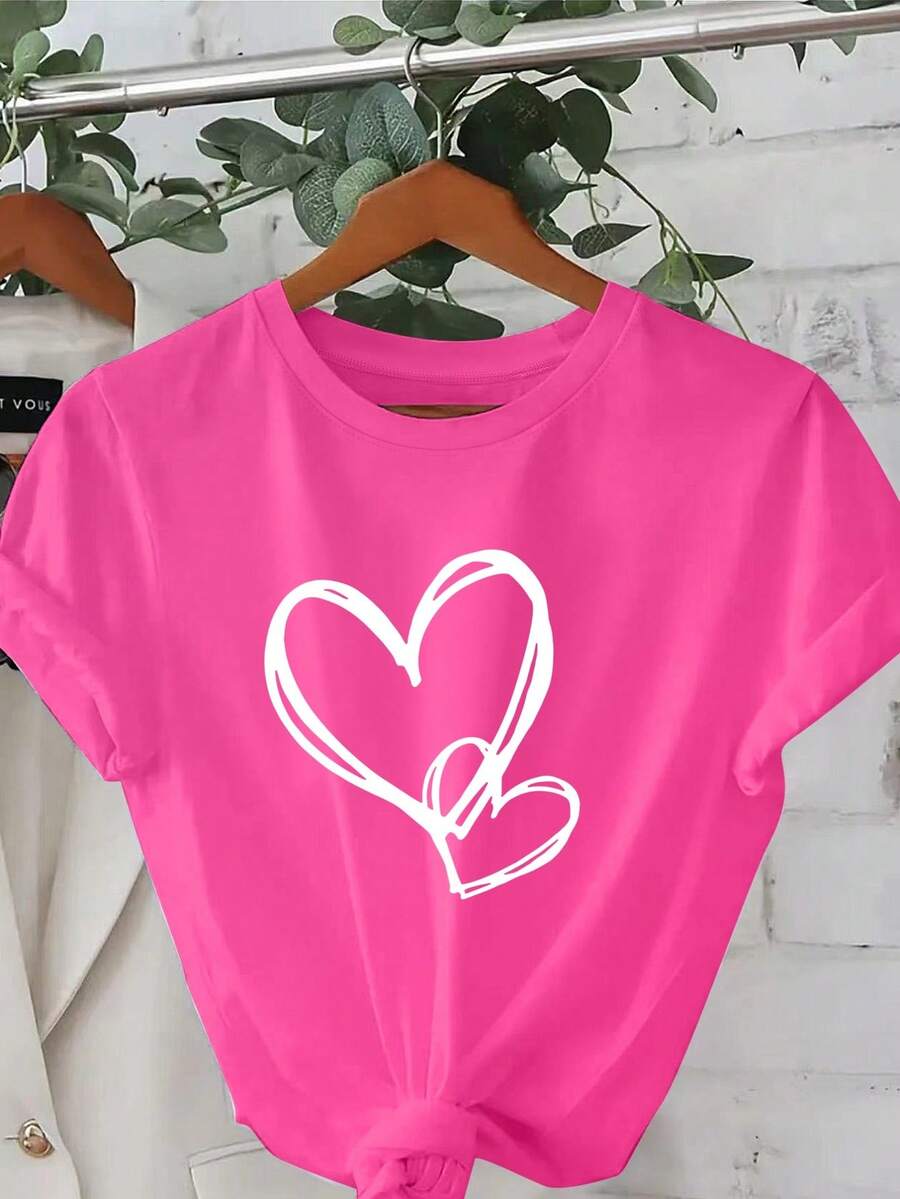 Plus Size - Plus Size - White Day, Exquisite Heart Design, Elegant Short Sleeve T-Shirt With Round Neck Print, Plus Size Women's Clothing, Women's Apparel - 玫紅色 - 查看 1