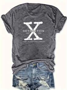 Women's Plus Size "GENERATION X" Graphic T-Shirt - Casual Crew Neck, Short Sleeve, Letter Print For Autumn/Winter - Dark Grey - View 6