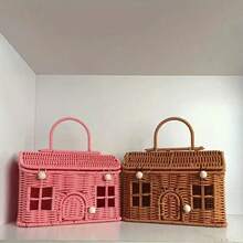 1 Covered Woven Home Style Storage Basket - Durable Plastic Rattan-Style Storage Container, Cottage Woven Design, Suitable For Indoor And Outdoor Use,H Hidden Lid, For Storing Blankets, Groceries - Home Decor Storage Basket, Suitable For Bookshelves, Wall Shelves, Etc. - Xem 4