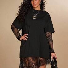 Plus Size Women's Black Short Sleeve Lace Patchwork Top, Spring & Summer Outfit Women's Casual Solid Color Asymmetrical Hem Lace Patchwork T-Shirt, Basic Everyday Wear, Spring/Summer Casual Top For Women Vacation Outfits Women Summer Holiday Outfits Holiday Outfits For Women Vacation Outfits For Women Summer Outfits Summer Outfits For Women Spring Outfit Women Spring Break Outfits Beach Dress Beach Outfits For Women Beach Outfit For Women Casual Blouses For Women Going Out Top Going Ou - Negro - Ver 4
