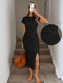 Vestido midi casual de mujer con estampado de lunares, cintura retorcida y abertura alta sin mangas; Vestido ajustado texturizado casual de mujer; Conjunto de fitness de mujer; Vestido de invitada de boda de mujer; Atuendo de oficina de mujer - Negro 2 - Ver 6