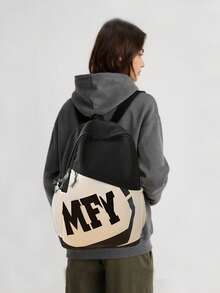New Versatile Fashion Contrast Color Backpack, Casual Large Capacity Men's Backpack With Printed Letter Design, Suitable For Students - Black - View 2