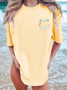 Women's Short-Sleeved T-Shirt With Round Neck, Front And Back Holiday Print, Casual Style For Spring/Summer, Comfortable And Versatile - 杏色 - 查看 2