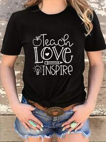 Plus Size Letter Print T-shirt, Short Sleeve Crew Neck Casual Top For Summer & Spring, Women's Plus Size Clothing - Negro - Ver 2