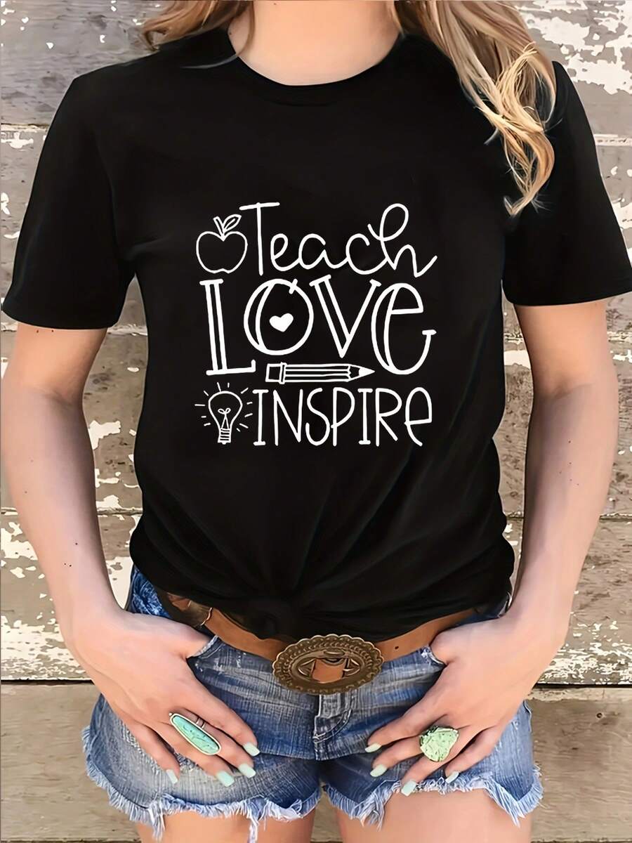Plus Size Letter Print T-shirt, Short Sleeve Crew Neck Casual Top For Summer & Spring, Women's Plus Size Clothing