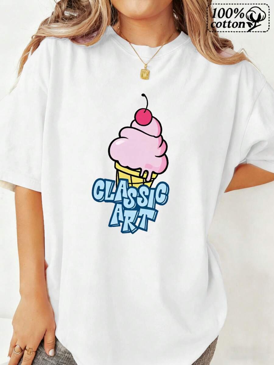 Moda mujer camiseta blanco frontal impresión helado cereza clásico diseño de arte cómodo casual uso diario tre de verano