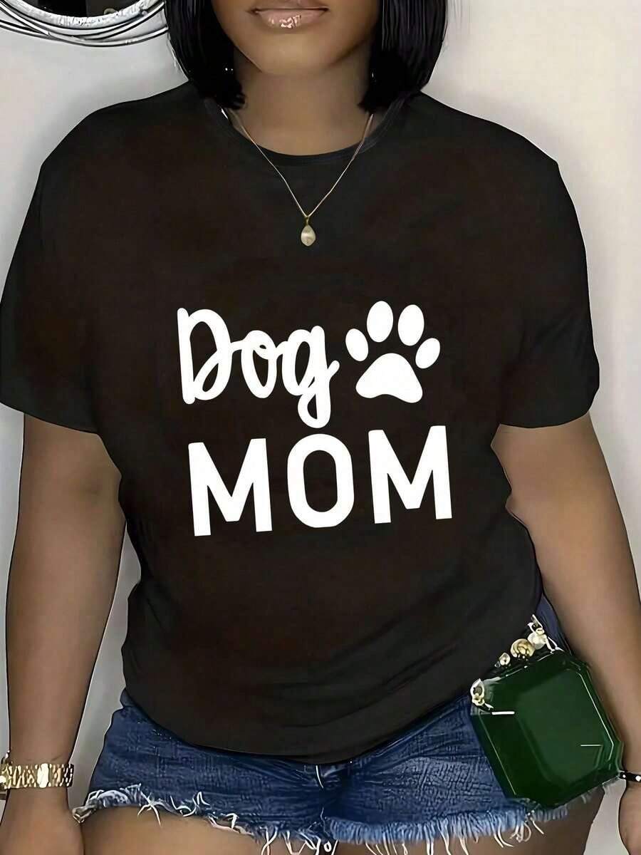 Algodón Camiseta Estampada De Mamá De Perro, % Algodón, Talla, Para Mujer, Informal, Cuello Redondo, Manga Corta, Elástica Y Cómoda, Diseño Negro Con Estampado De Pata Blanca, Perfecta Para Primavera Y Verano. -Vintage Street Style Unisex Loose Cotton Short Sleeve Crew Neck T-Shirtblusas para mujer, playeras de mujer,blusas casuales para dama, - Negro - Ver 1