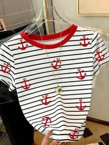 Camiseta casual de mujer de manga corta con cuello redondo, estampado de oso de dibujos animados y rayas - Multicolor 7 - Ver 3