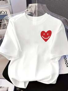 Camiseta con estampado de corazón y sonrisa| Camiseta Casual de Manga Corta y Cuello Redondo para Mujer, Moderna y Versátil para Primavera y Verano, Estilo Y2k - Blanco - Ver 3