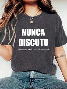 Camiseta gráfica con eslogan español de verano para mujer, uso diario casual y cómodo en color negro - Gris - Ver 4