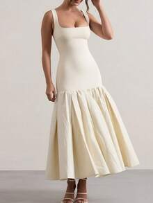 Vestido primavera mujer estilo europeo cuello cuadrado liso combinado plisado elegante para uso diario y oficina - Blanco - Ver 3