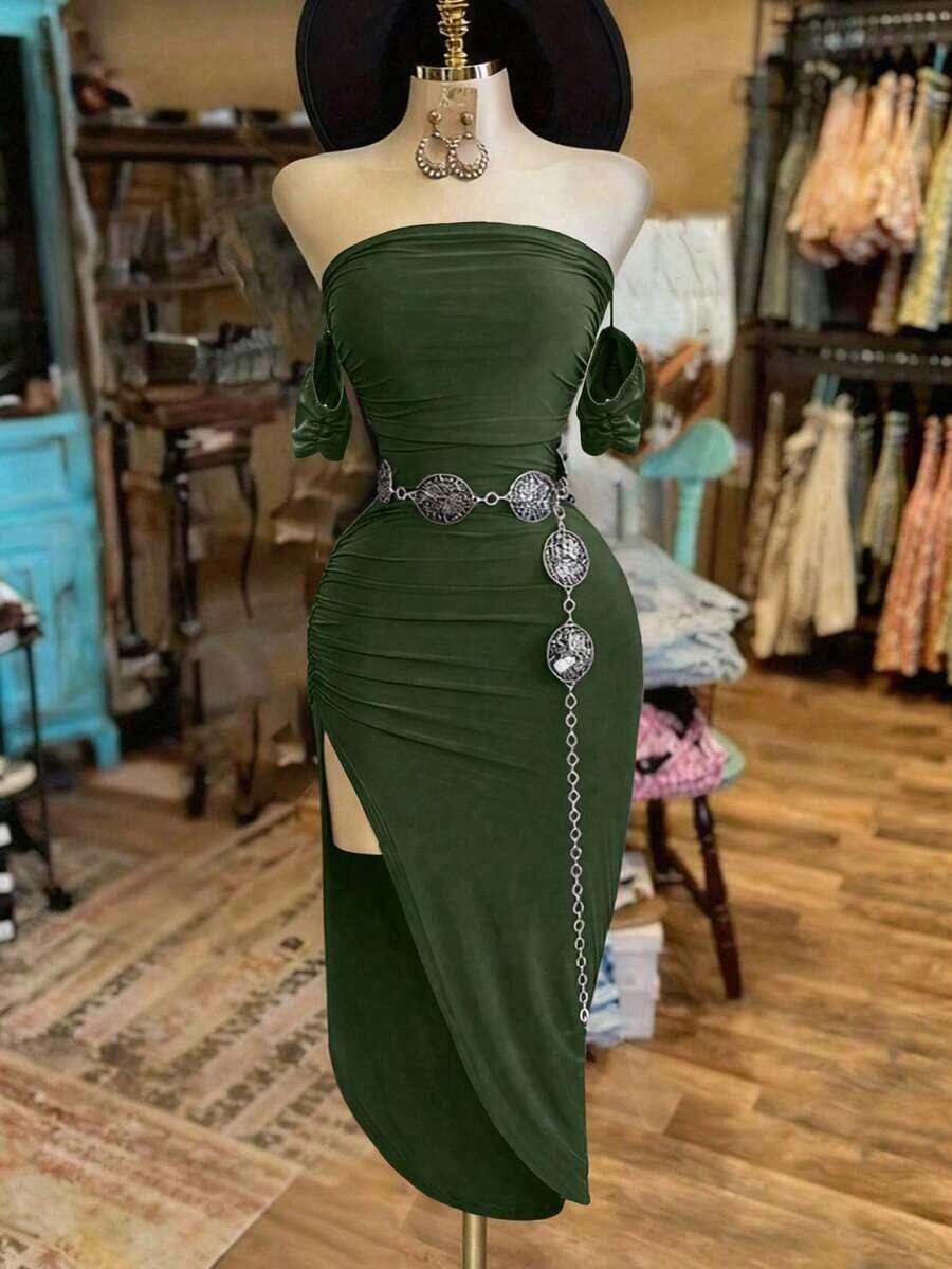 Vestido bandeau de unicolor de moda para mujer - Verde - Ver 1