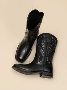 Men's Cowboy Boots Leather Western Style Rugged Comfortable Durable - 黑色 - 查看 3