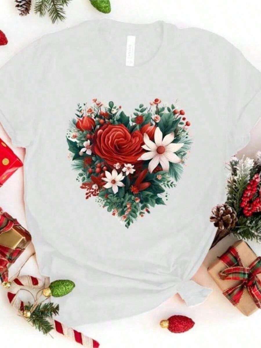 Camiseta Casual de Navidad, Divertida Camiseta con Estampado de Flores y Amor Navideño, Camiseta Casual para Mujer, Camiseta Unisex con Estampado de Flores y Amor Navideño, 100% Algodón, Duradera - Blanco - Ver 1