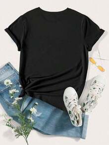 Camiseta de Mujer con Estampado Gráfico, Ligera, de Algodón, para Verano, Casual, a la Moda, Creativa, con Estampado de Capibara, Manga Corta, Talla Grande, 100% Algodón Puro - Negro - Ver 3