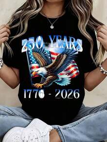 1 Piece  Patriotic T-Shirt 250 Years Independence Day Celebration 1776-2026 For Women, Men, Unisex, Graphic Tee With US Flag, Birthday Party Gift, Clothing, 180g, 100% Cotton, Designs Are Printed. Unisex. - 黑色 - 查看 1