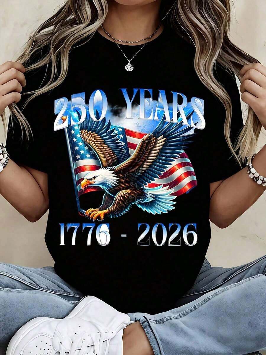 1 Piece  Patriotic T-Shirt 250 Years Independence Day Celebration 1776-2026 For Women, Men, Unisex, Graphic Tee With US Flag, Birthday Party Gift, Clothing, 180g, 100% Cotton, Designs Are Printed. Unisex. - 黑色 - 查看 1