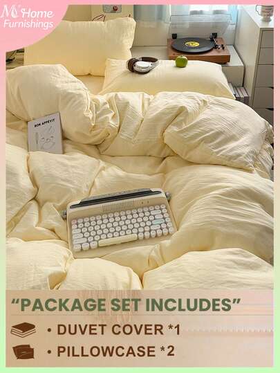 3 piezas Juego de ropa de cama amarillo pálido, 1 Funda nórdica y 2 Fundas de almohada, Textiles suaves y cómodos, Disponible en varios colores, Adecuado para dormitorios, Decoración del hogar simple y de moda, Ropa de cama suave y acogedora para el dormitorio, Lavable a máquina sin relleno