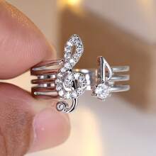 Vanel 1pc Fashionable Open Ring, Musical Note & Treble Clef Inlaid With CZ Design, Music Style Daily Wear Jewelry - Silver-white - View 1