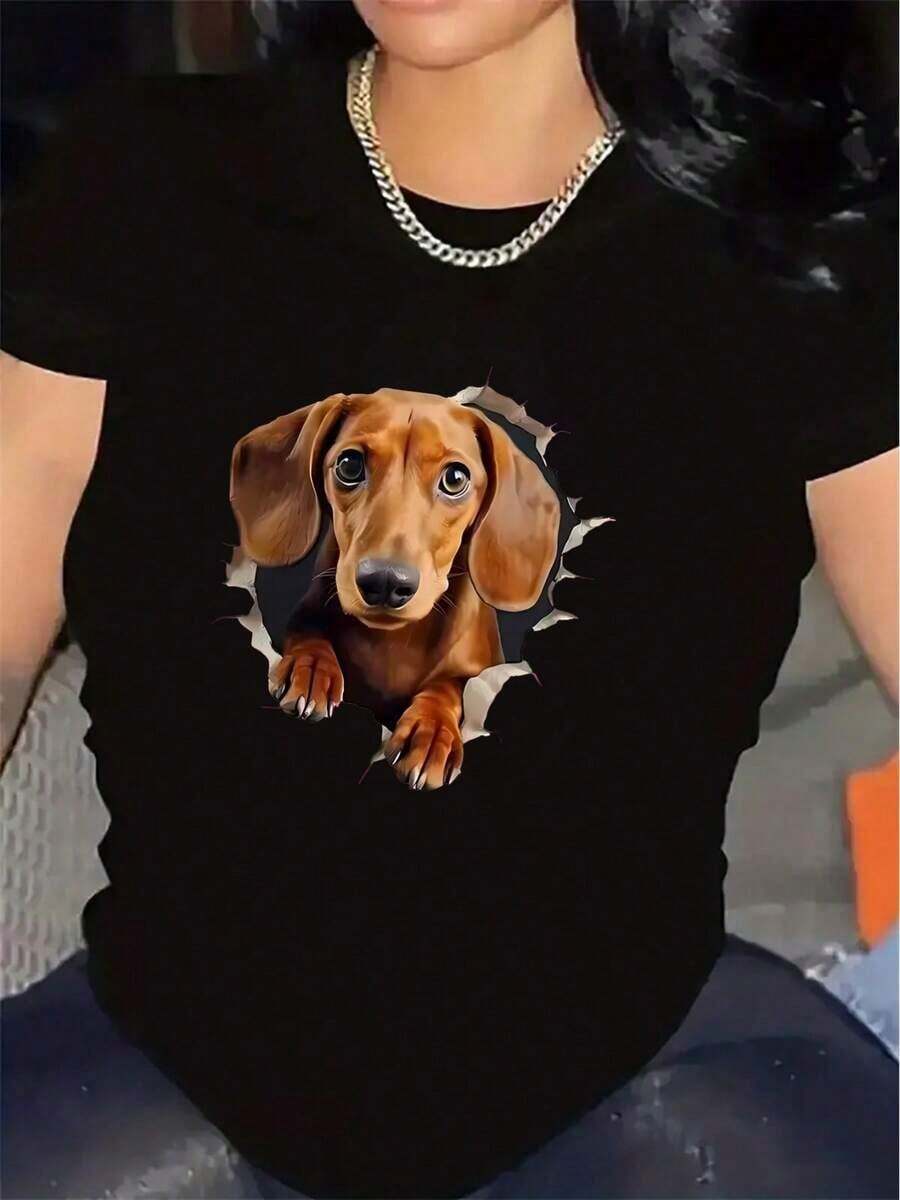 Camiseta de Manga Corta de Poliéster con Estampado de Perro Dachshund, Ligera y Duradera para Uso Casual en Casa, Restaurante o Ambientes Exteriores, Ajuste Cómodo para Uso Diario - Negro - Ver 1