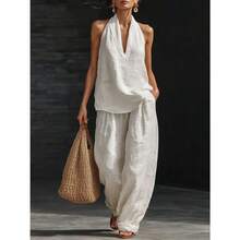 Women's Halter V-Neck Sleeveless 2-Piece Set, Solid Wide Leg Pants, Casual Lounge Co-Ord Outfit For Summer Vacation - 黑色 - 查看 8