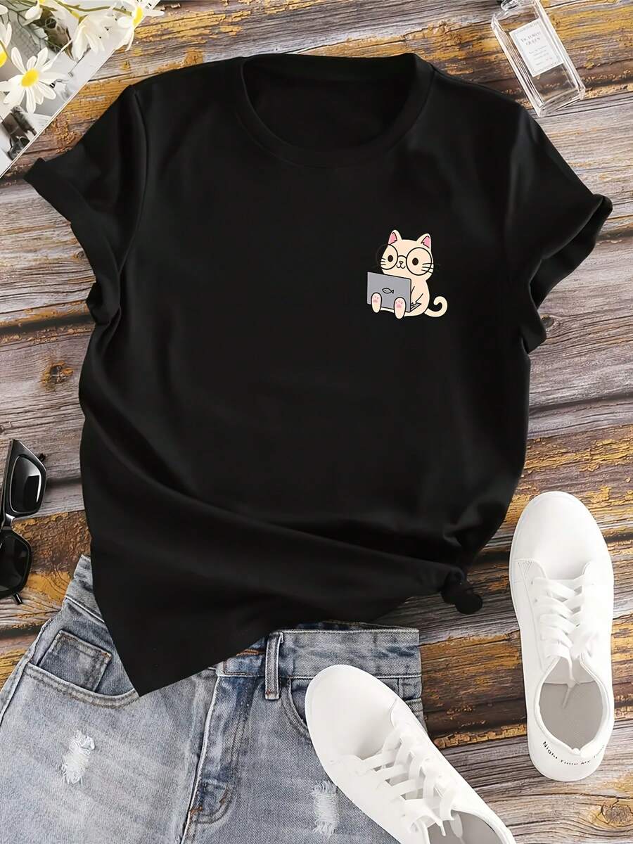 Camiseta de Mujer: Camiseta con diseño de gato para amantes de los gatos que trabajan con computadoras portátiles, diseño retro de moda de temporada, ajuste cómodo, camisetas de manga corta para mujer. - Negro - Ver 1