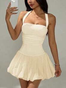 Vestido informal corto de unicolor con cuello de lazo y espalda descubierta para mujer - Amarillo claro - Ver 7
