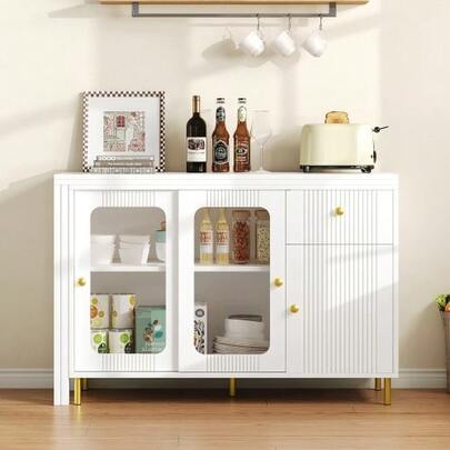 Modern White Buffet-Sideboard With Handles And Other Tischplatte, Drehbarer Oberfläche, Golden Metallbeinen, Glasschiebetüren And Wellenmuster – Perfect For Esszimmer And Küche