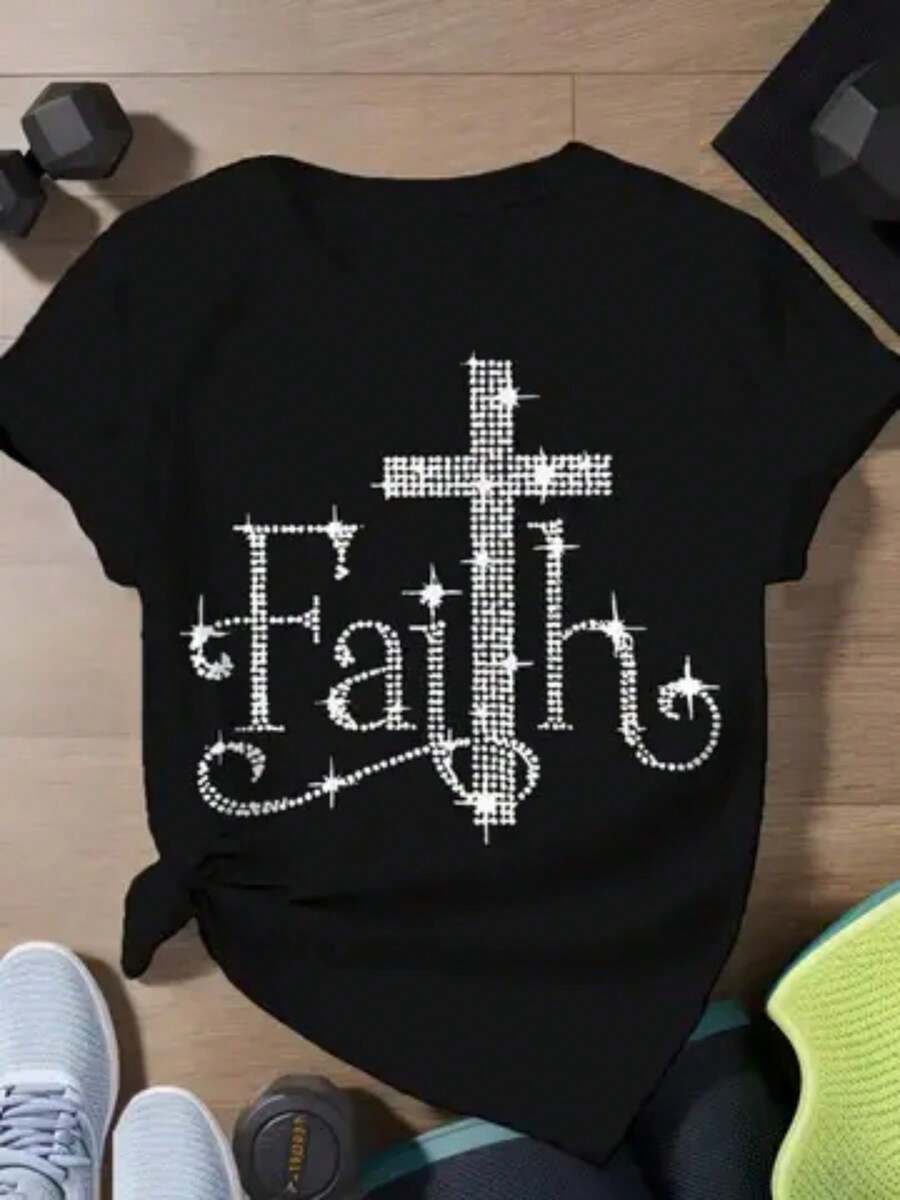 Women's Faith Cross Print T-Shirt - 100% Breathable, Casual, Short Sleeve, Round Neck, Summer Top, Lightweight, Elegant, Soft Material, Fashionable Printed Design, Lightweight Clothing, Fashionable Faith Style T-Shirt. - 黑色 - 查看 1