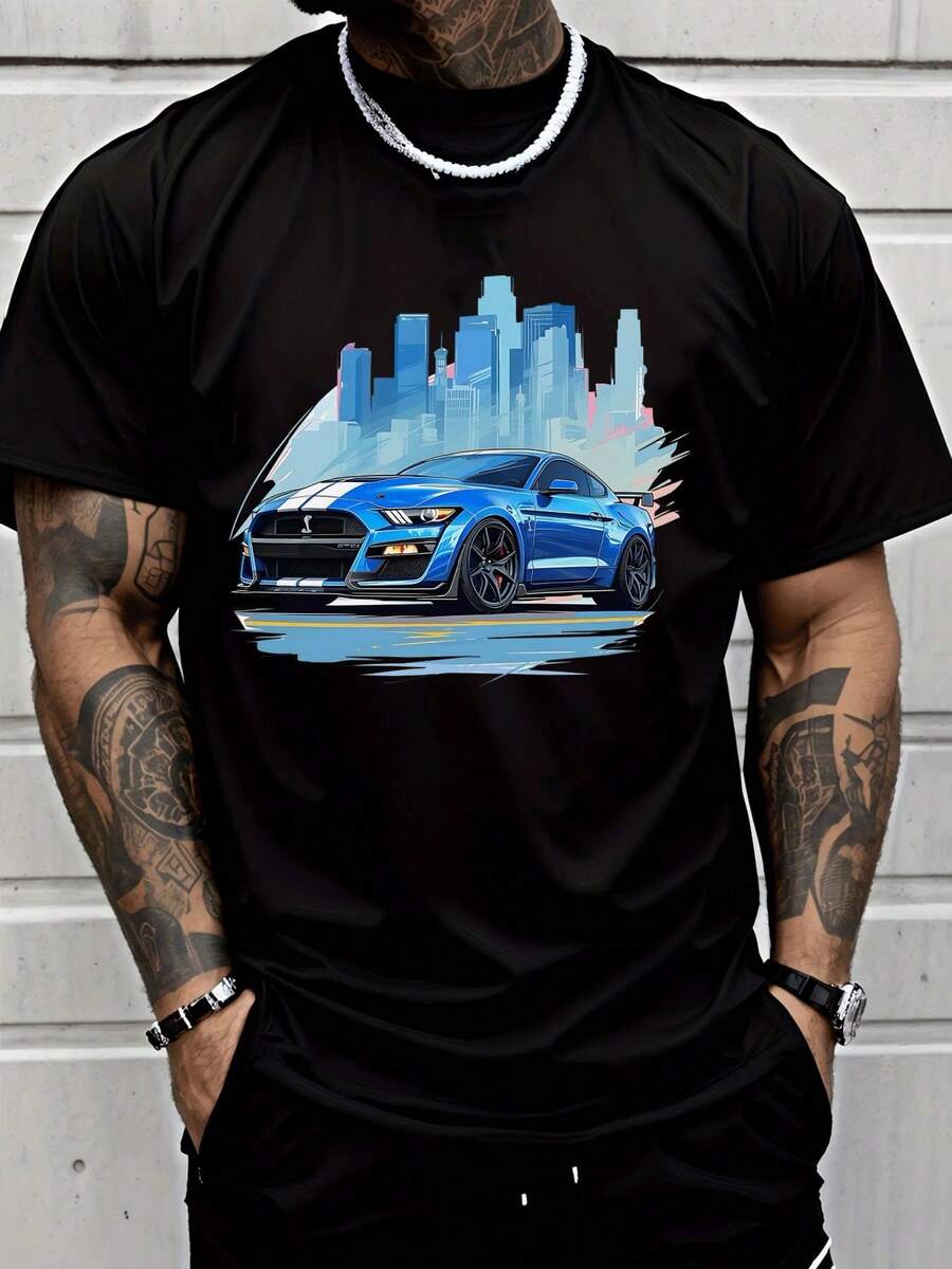 Unisex T-Shirt, Black. Features: Casual, Short Sleeves, Design With A Sporty, Car, Cityscape Pattern. Perfect For Men's Street Style And Everyday Wear. Also Suitable For Women's Clothing, Blouses, Tops, And T-Shirts. Regular Fit. Daily Casual Set. Regular Fit. Daily Casual. Graphic Print. Sporty Casual Set. - 黑色 - 查看 1