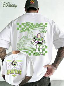 Disney Toy Story Bass Lightyear Pattern T-Shirt, Bass Lightyear Race Board Print, Double-Sided Printed Design, Men's Summer Short-Sleeve Top, High-Quality 100% Cotton Short-Sleeve T-Shirt, Summer Relaxed Breathable Casual Short-Sleeve Pack, Universal For Men And Women, Disneyland Travel Wear, Couple's Wear, Casual Everyday Wear, Street Wear, Vacation Wear, Campus Wear, Toy Story Enthusiasts - 白色 - 查看 1