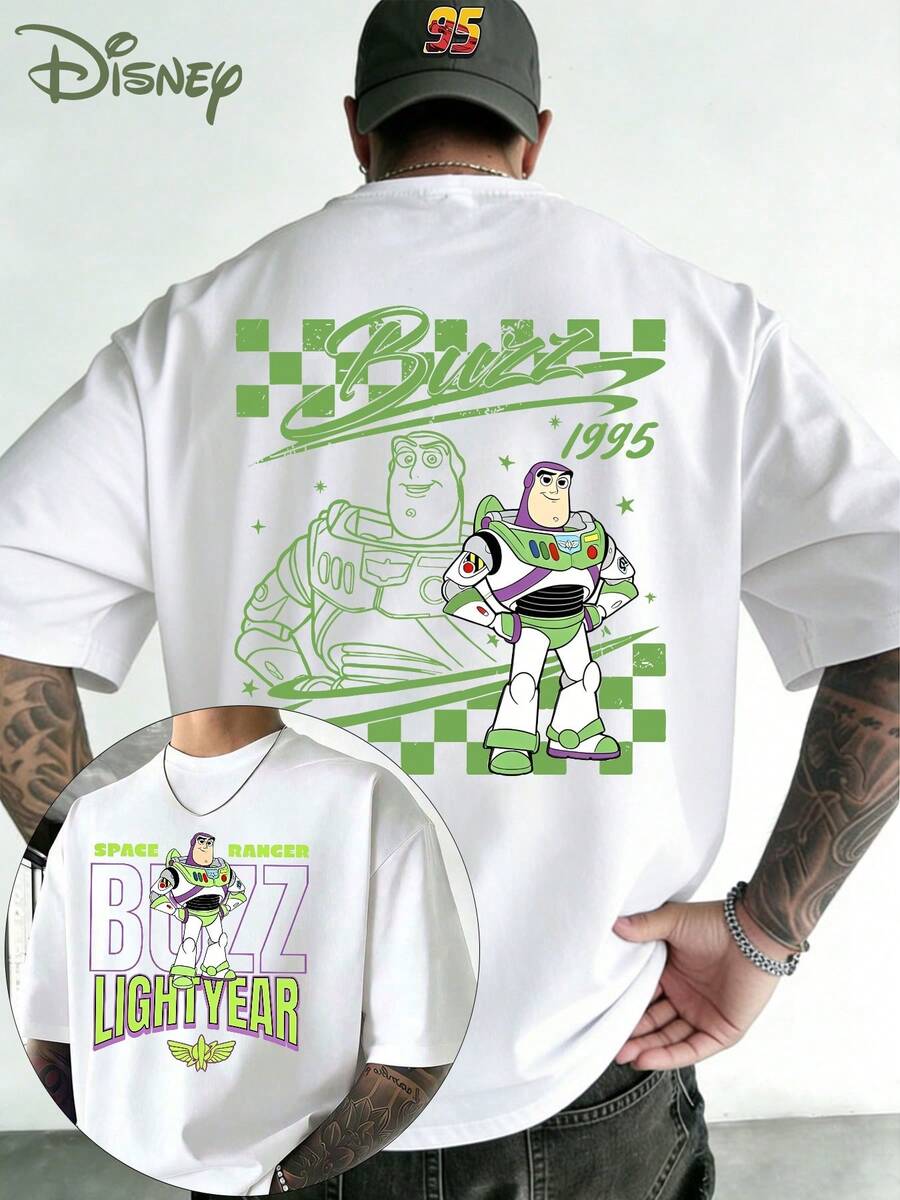 Disney Toy Story Bass Lightyear Pattern T-Shirt, Bass Lightyear Race Board Print, Double-Sided Printed Design, Men's Summer Short-Sleeve Top, High-Quality 100% Cotton Short-Sleeve T-Shirt, Summer Relaxed Breathable Casual Short-Sleeve Pack, Universal For Men And Women, Disneyland Travel Wear, Couple's Wear, Casual Everyday Wear, Street Wear, Vacation Wear, Campus Wear, Toy Story Enthusiasts - 白色 - 查看 1