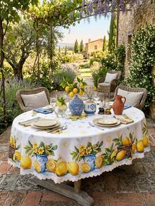 1 Set Lemon & Sunflower Printed Tablecloth, Mediterranean Summer Style, Made Of High-Quality Polyester Fabric, Round/Oval Shape, Waterproof, Oil-Proof, Wrinkle-Resistant, Dust-Proof, Reusable And Washable, Decorated With Ruffled Lace Trim, Soft And Durable, Suitable For Indoor And Outdoor, Daily Dining Room Decor - Multicolor - View 16