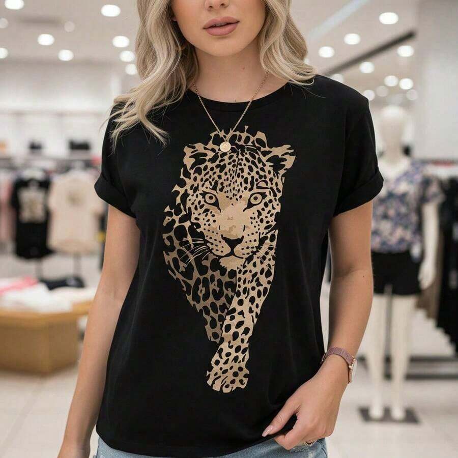 ropa de mujer Camiseta con estampado de leopardo para mujer - Camiseta casual de manga corta y cuello redondo de algodón puro, top holgado con estampado animal para el verano, tallas S-5XL disponibles camisas de mujer - Negro - Ver 1