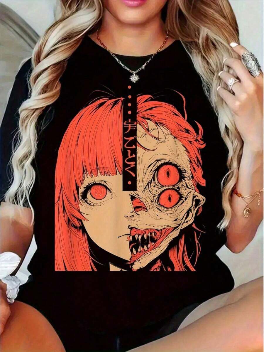 Under The Radar Women's Japanese Horror Anime T-Shirt - Red-Eyed Half-Face Monster Design - Heavy Cotton, Harajuku Style, Gothic Clothing For Conventions, Cosplay, And Casual Looks, Non-See-Through Fabric, High-Quality Print, Alternative Fashion - Vintage Street Style Unisex Loose Cotton Short Sleeve Crew Neck T-Shirt - 黑色 - 查看 1
