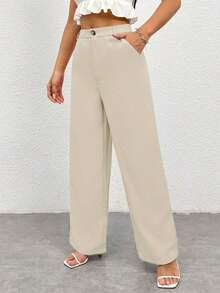 Pantalones rectos de unicolor casuales para mujer - Beis - Ver 6