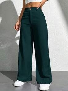 Pantalones casuales simples de unicolor para mujer para usar todos los días - Verde Oscuro - Ver 5