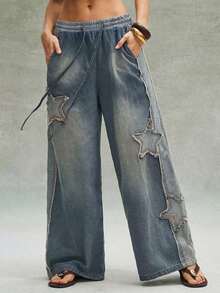 Jeans de pierna ancha de uso diario versátil con cintura con cordón y parche de estrella de cinco puntas para mujer - Azul lavado medio - Ver 5