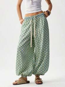 Pantalones sueltos de mujer con cordón y estampado de lunares tejido casual, pantalones de verano para mujer, pantalones bombachos para mujer - Agua verde azul - Ver 4