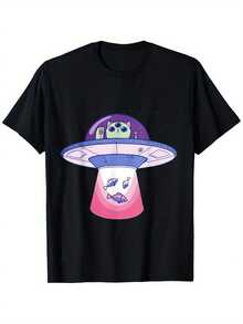 Plus Size T-Shirt With Funny Space Alien Cat And UFO Design - 黑色 - 查看 7