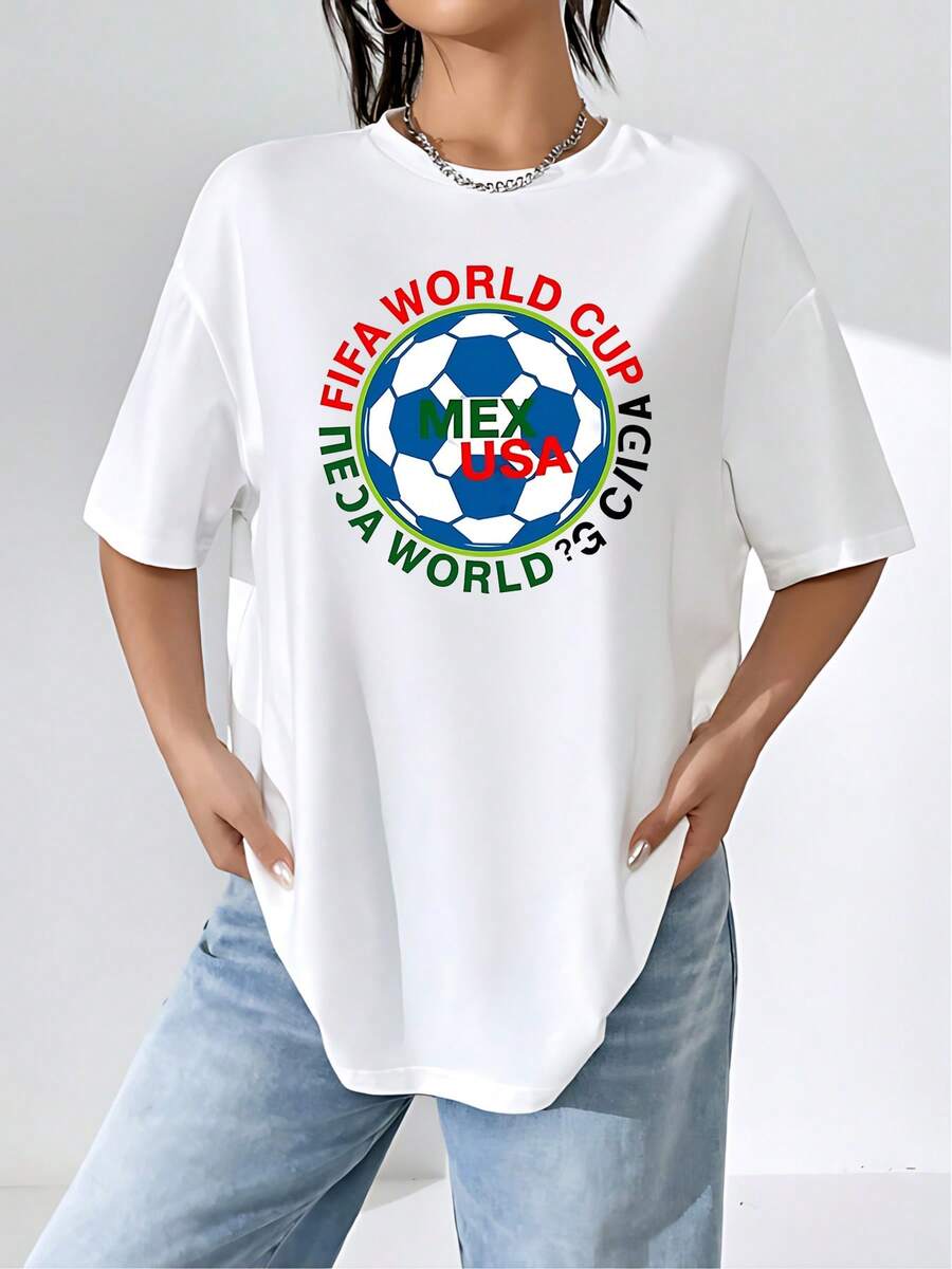 The Graphic Shows A Blue And White Soccer Ball With The Words MEX And USA Surrounded By The Text WORLD CUP In Red And Green, Symbolizing International Sporting Unity And The Passion For Soccer. Women's T-Shirt, 100% Cotton, Comfortable, Casual, Sporty - 白色 - 查看 1