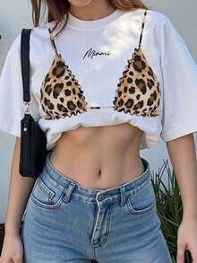 Camiseta minimalista estampada de cuello redondo y manga corta para mujer, usar todos los días de forma casual - Blanco - Ver 8