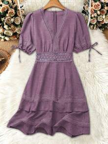 Clasi Vestido mini de manga abullonada con ribete de encaje de unicolor para mujer, para verano - Púrpura malva - Ver 3