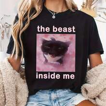 Women'S Funny Cat Meme The Beast Inside Me Graphic T-Shirt - With Pink Lettering & Cute Print, Soft Round Neck Shclothest Sleeve Casual Tee Fclothes Casual Attire, All-Season Comfclothest, Funny Pet Lover App - 黑色 - 查看 1