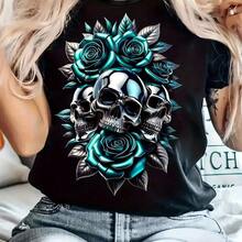 Women's Gothic Style T-Shirt In Turquoise And Black With Geometric Rose And Skull Print: Stretchy Fabric, Round Neck, Short Sleeves, Breathable Casual Shirt, Ideal For Spring And Summer, Machine Washable, Gothic Design In Turquoise And Black, Comfortable All Year Round, Modern And Current Style, Digital Print, Loose Fit, Can Be Worn Alone Or Combined With Other Garments. - 黑色 - 查看 1