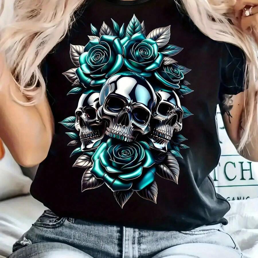 Women's Gothic Style T-Shirt In Turquoise And Black With Geometric Rose And Skull Print: Stretchy Fabric, Round Neck, Short Sleeves, Breathable Casual Shirt, Ideal For Spring And Summer, Machine Washable, Gothic Design In Turquoise And Black, Comfortable All Year Round, Modern And Current Style, Digital Print, Loose Fit, Can Be Worn Alone Or Combined With Other Garments. - 黑色 - 查看 1